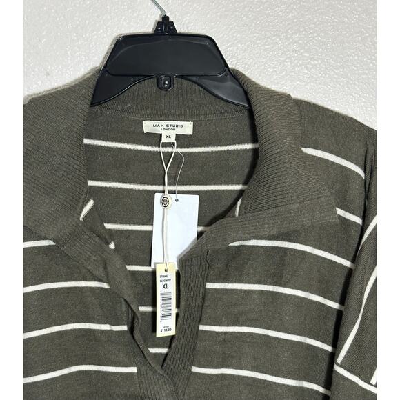 Max Studio London Olive Green & White Striped Knit Polo Sweater, NWT - Picture 3 of 6